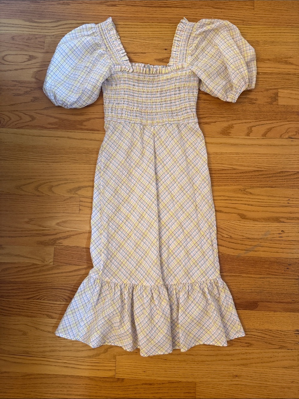 Ganni Smocked Puff Sleeve Yellow Plaid Midi Dress
